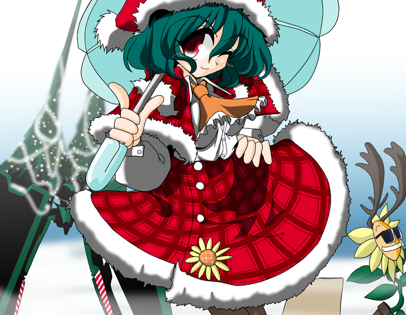 kieyza, kazami yuuka, touhou, 1girl, antlers, ascot, christmas, christmas tree, dress, female focus, flower, green hair, horns, pantyhose, plaid clothes, plaid dress, red eyes, short hair, solo, sunflower, sunglasses, umbrella