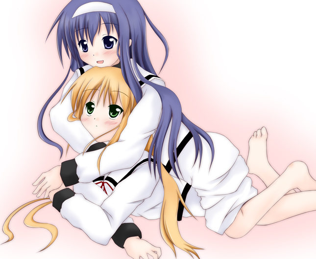 narumi yuu (imitmoon), arisa bunnings, tsukimura suzuka, lyrical nanoha, mahou shoujo lyrical nanoha, 00s, 2girls, :d, barefoot, blonde hair, closed mouth, girl on top, green eyes, hairband, hug, hug from behind, long hair, long sleeves, looking up, lying, multiple girls, on stomach, open mouth, pink background, purple eyes, purple hair, red ribbon, ribbon, school uniform, serafuku, shorts, simple background, smile, tareme, white hairband, white shorts, yuri