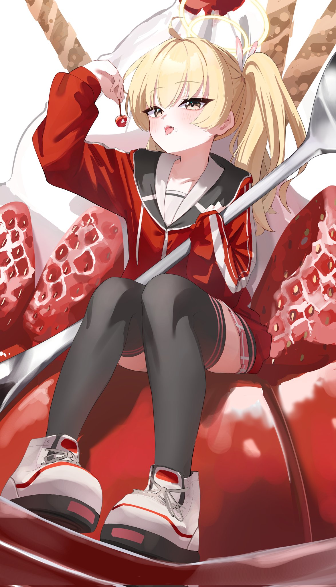 kumakono, yoshimi (blue archive), blue archive, highres, 1girl, ahoge, blonde hair, blush, cream, cream on face, food, food on face, fruit, full body, hair ribbon, halo, holding cherry, jacket, long hair, long sleeves, looking at viewer, open mouth, pleated skirt, red jacket, ribbon, sitting, sitting on food, skirt, solo, strawberry, tongue, tongue out, twintails, yellow halo