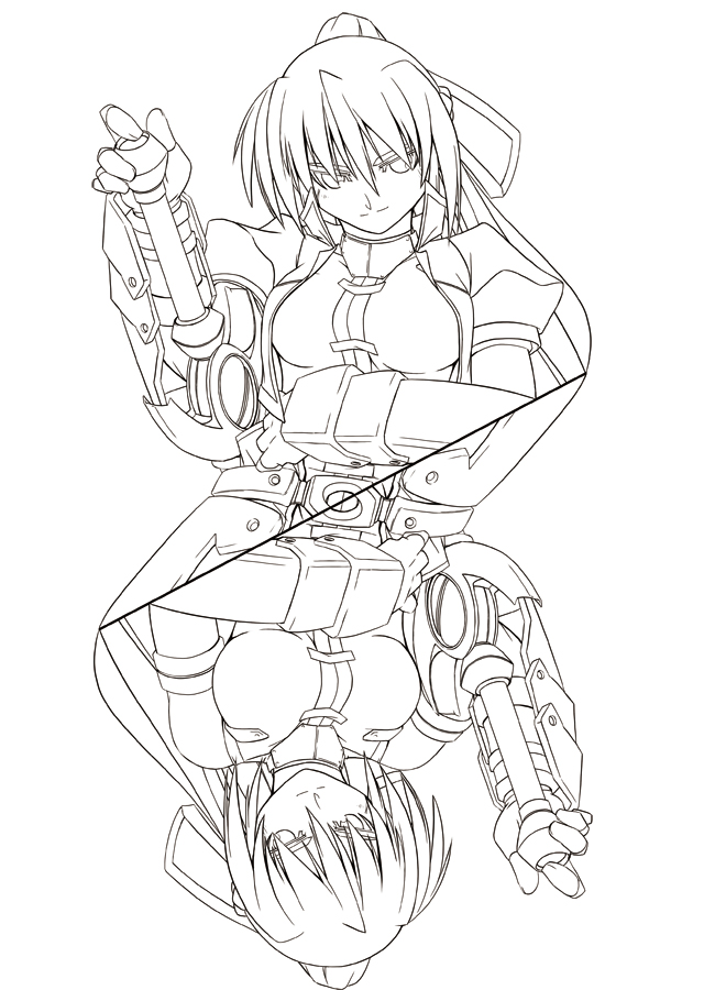 laevatein (nanoha), signum, lyrical nanoha, mahou shoujo lyrical nanoha, mahou shoujo lyrical nanoha a's, uniform, 00s, 1girl, armor, gauntlets, greyscale, long sleeves, looking at viewer, monochrome, short hair, simple background, symmetry, upper body, white background