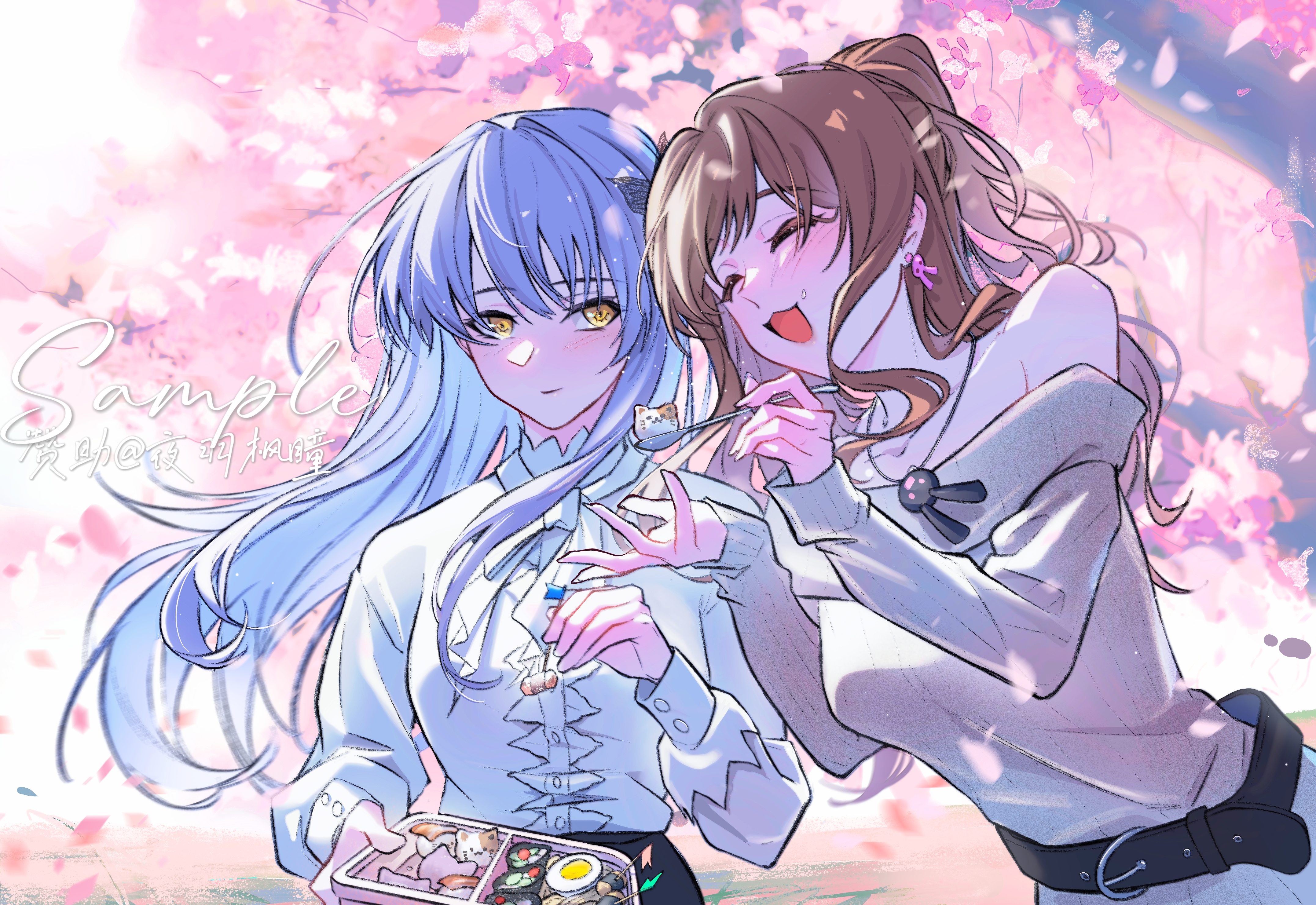 hero45439083942, imai lisa, minato yukina, bang dream!, absurdres, chinese commentary, commentary request, highres, 2girls, :3, blue hair, blush, breasts, brown sweater, cherry blossoms, closed eyes, feeding, half updo, holding, holding spoon, long hair, medium breasts, multiple girls, off-shoulder sweater, off shoulder, open mouth, shirt, sidelocks, spoon, sweater, white shirt, yellow eyes