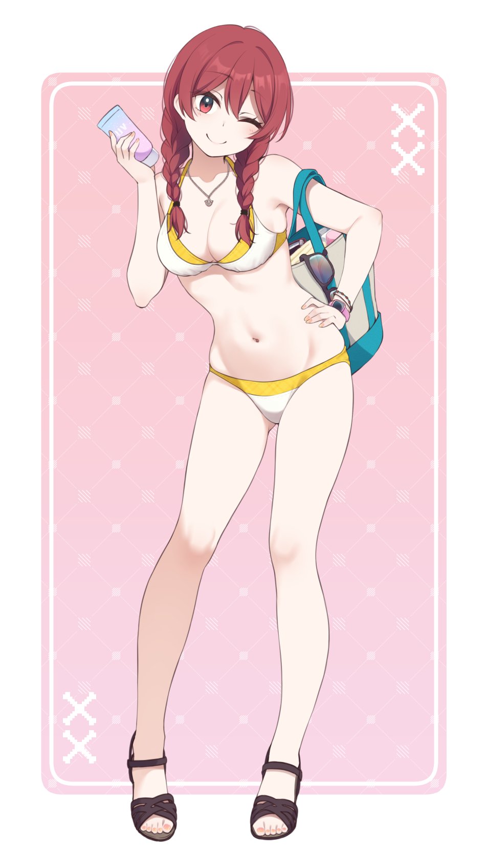 nagami yuu, original, commentary, highres, symbol-only commentary, 1girl, ;), bag, bare shoulders, bikini, black sandals, border, braid, breasts, cleavage, closed mouth, collarbone, eyewear hang, full body, hair between eyes, hand on own hip, hand up, head tilt, holding, long hair, low twintails, medium breasts, nail polish, navel, one eye closed, pink background, pink nails, red eyes, red hair, sandals, smile, solo, standing, sunglasses, swimsuit, toenail polish, toenails, twin braids, twintails, unworn eyewear, white bikini, white border