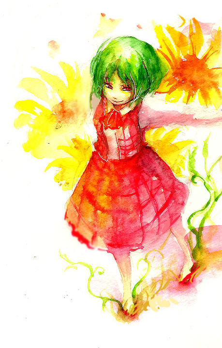 kazami yuuka, touhou, 1girl, ascot, female focus, flower, from above, green hair, plaid clothes, plaid skirt, plaid vest, red eyes, short hair, skirt, skirt set, smile, solo, sunflower, vest