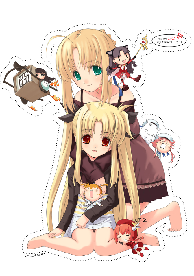 achunchun, chun, chun (friendly sky), aria pokoteng, artoria pendragon (fate), enma ai, fate testarossa, kaleido ruby, mizunashi akari, raising heart, saber (fate), takamachi nanoha, tohsaka rin, toosaka rin, vita (nanoha), aria (manga), fate/hollow ataraxia, fate/stay night, fate (series), jigoku shoujo, lyrical nanoha, mahou shoujo lyrical nanoha, mahou shoujo lyrical nanoha a's, bad id, bad pixiv id, 00s, 6+girls, ahoge, anger vein, artist name, barefoot, blonde hair, borrowed weapon, braid, chibi, closed eyes, crossover, english text, hat, hug, lying, magical girl, multiple girls, o o, official alternate costume, panties, pantyshot, red eyes, red hair, school uniform, sleeping, twin braids, twintails, underwear, zzz