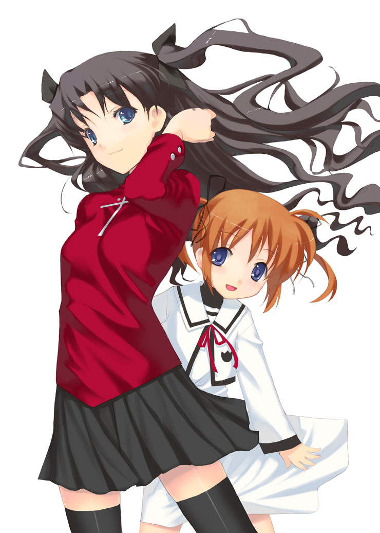 achunchun, chun (friendly sky), takamachi nanoha, tohsaka rin, fate/stay night, fate (series), lyrical nanoha, mahou shoujo lyrical nanoha, black legwear, bad id, bad pixiv id, 00s, 2girls, crossover, multiple girls, school uniform, serafuku, thighhighs, twintails, two side up, zettai ryouiki