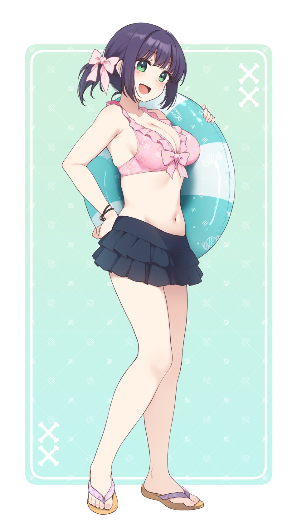 nagami yuu, original, commentary, highres, symbol-only commentary, 1girl, :d, bare shoulders, bikini, black hair, black skirt, blush, border, bow, breasts, brown sandals, cleavage, frilled bikini, frills, green background, green eyes, hair bow, hand on own hip, hand up, holding, holding swim ring, innertube, layered skirt, looking at viewer, low ponytail, medium breasts, nail polish, navel, open mouth, pink bikini, pink bow, pink nails, pleated skirt, ponytail, sandals, sidelocks, skirt, smile, solo, swim ring, swimsuit, toenail polish, toenails, white border