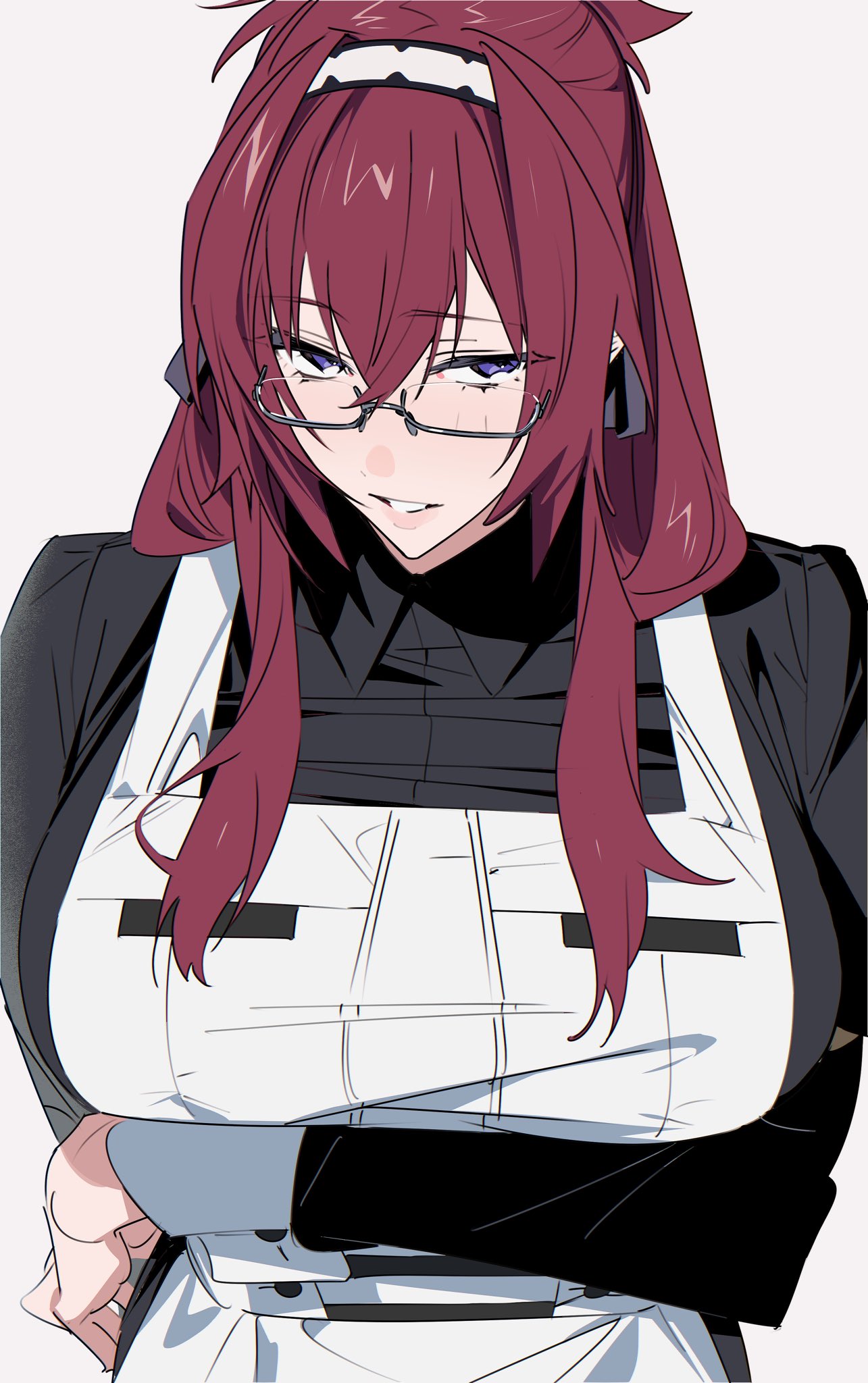 neguko, lillia greyrat, mushoku tensei, highres, 1girl, apron, arm under breasts, breasts, glasses, hairband, large breasts, long hair, long sleeves, looking at viewer, maid, mature female, mole, mole under eye, parted lips, purple eyes, red hair, sidelocks, simple background, smile, solo, upper body, white background
