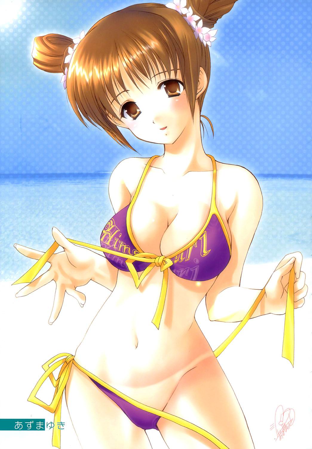 azuma yuki, original, highres, 1girl, beach, bikini, blush, breasts, brown eyes, brown hair, cleavage, day, female focus, front-tie bikini top, front-tie top, large breasts, ocean, panties, purple bikini, side-tie bikini bottom, side-tie panties, solo, swimsuit, underwear, undressing, untied bikini, untying