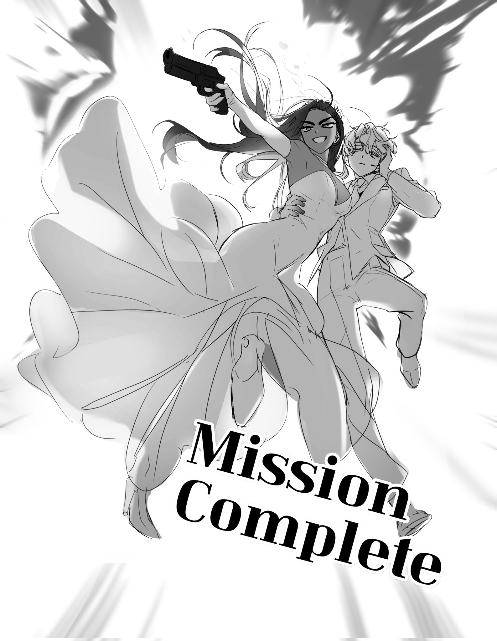 hyuna (alien stage), luka (alien stage), alien stage, commentary, english commentary, highres, 1boy, 1girl, arm around waist, breasts, bridal veil, dress, elbow gloves, explosion, explosion background, expressionless, formal clothes, gloves, greyscale, gun, hand on headset, headset, holding, holding gun, holding weapon, husband and wife, jacket, long hair, lubya, monochrome, pants, short hair, smile, strapless, strapless dress, suit, suit jacket, veil, very long hair, very short hair, weapon, wedding dress
