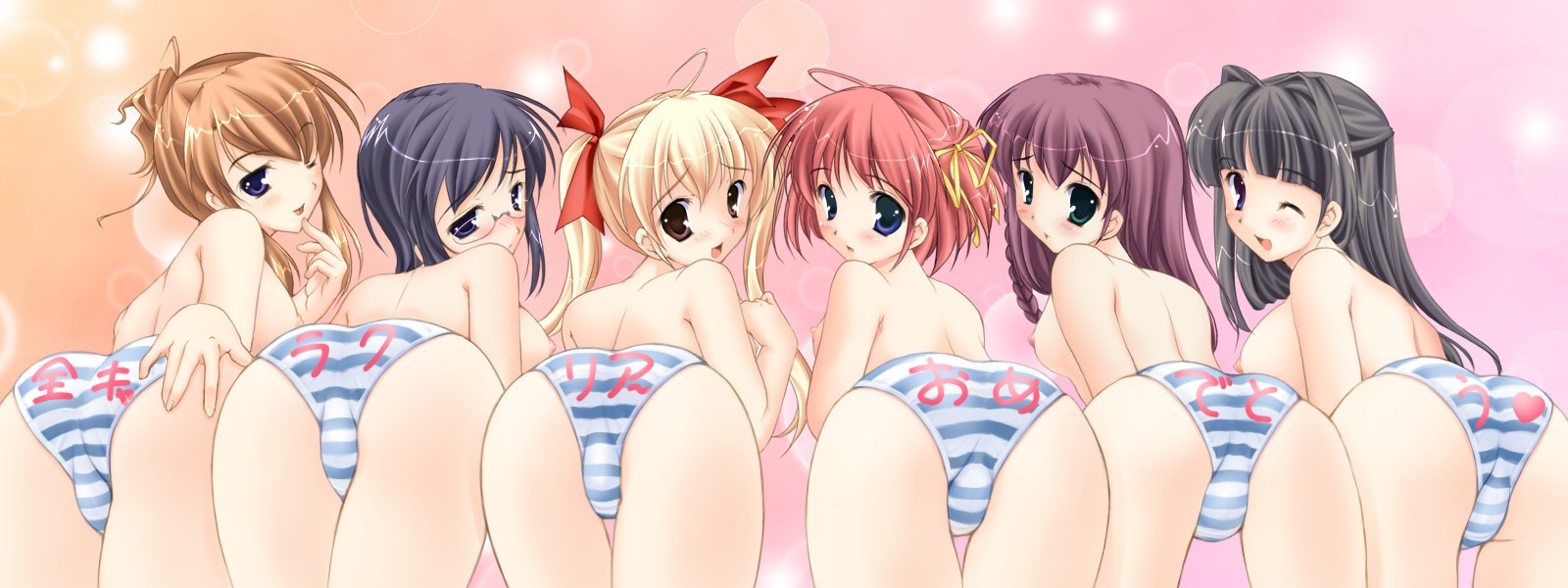 mikeou, kawahara mizuha, kawahara touka, minamino nanami, sakurai mana, tachihara kazune, yuuki nako, konneko, game cg, highres, long image, translated, wide image, 6+girls, ass, bent over, black hair, blonde hair, blue eyes, blue hair, blush, breasts, brown eyes, brown hair, cameltoe, everyone, female focus, from behind, glasses, green eyes, lineup, long hair, looking back, medium breasts, multiple girls, nipples, no bra, one eye closed, panties, purple hair, red hair, ribbon, short hair, small breasts, striped clothes, striped panties, take your pick, topless female, twintails, underwear, underwear only, wink