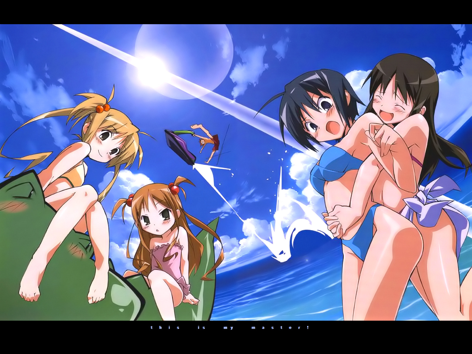 kurauchi anna, nakabayashi yoshitaka, pochi (kore ga watashi no goshujin-sama), sawatari izumi, sawatari karin, sawatari mitsuki, kore ga watashi no goshujin-sama, artist request, highres, jpeg artifacts, 00s, 1boy, 4girls, ^ ^, ahoge, barefoot, bikini, black hair, blonde hair, blue bikini, blue hair, blush, breasts, brown hair, casual one-piece swimsuit, closed eyes, cloud, copyright name, day, everyone, feet, flat chest, hair bobbles, hair ornament, hug, hug from behind, jet ski, knees together feet apart, lens flare, letterboxed, long hair, looking at viewer, male swimwear, medium breasts, multiple girls, ocean, one-piece swimsuit, open mouth, outdoors, pink one-piece swimsuit, red male swimwear, red swim trunks, short hair, siblings, sisters, sitting on animal, sky, small breasts, smile, sun, swim trunks, swimsuit, twintails, two side up, watercraft