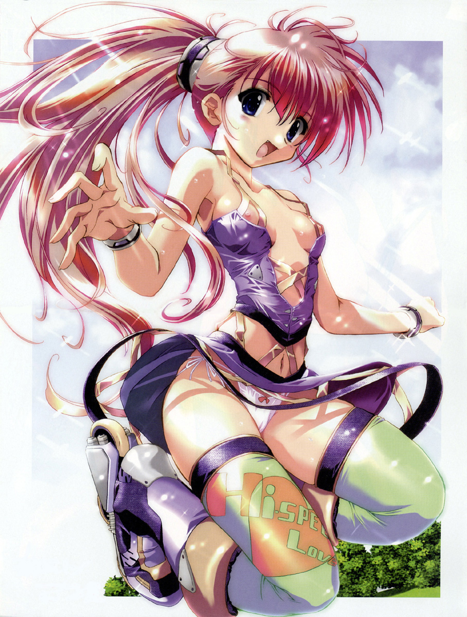 komatsu eiji, highres, scan, 1girl, bare shoulders, blush, breasts, female focus, medium breasts, nipples, panties, ponytail, red hair, solo, thighhighs, underwear