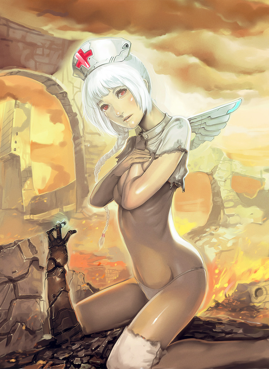 kichin yarou, highres, 1girl, albino, braid, breasts, dystopia, female focus, fire, mechanical wings, no bra, nurse, panties, red eyes, ruins, single braid, small breasts, solo, torn clothes, underboob, underwear, white hair, wings