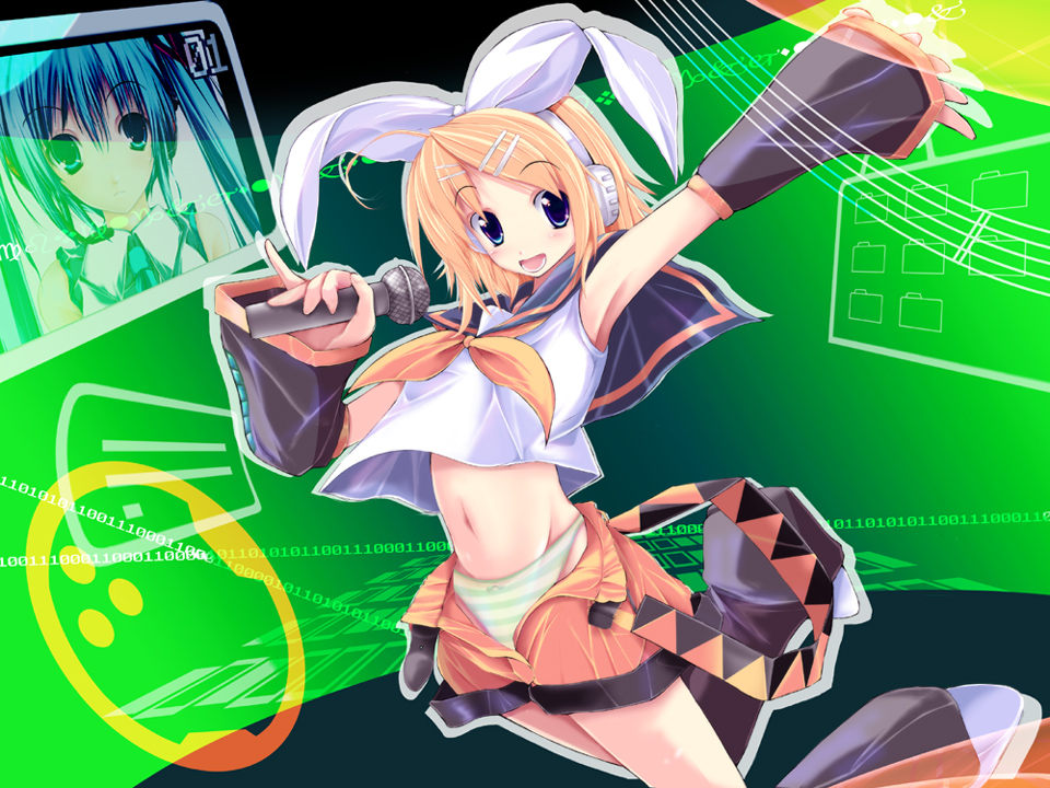 kuon itsuki, hatsune miku, kagamine rin, vocaloid, bad id, bad pixiv id, blue eyes, blue hair, microphone, midriff, panties, school uniform, serafuku, striped clothes, striped panties, underwear