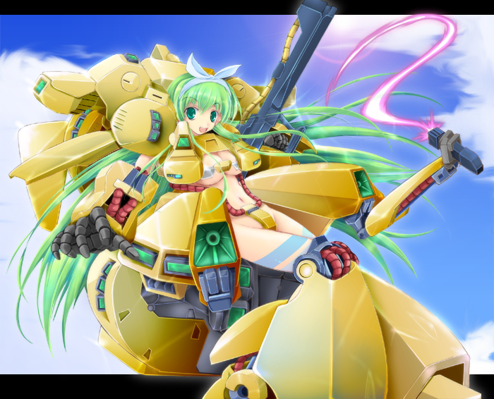 kuon itsuki, the o (mobile suit), gundam, zeta gundam, bad id, bad pixiv id, green eyes, green hair, letterboxed, long hair, mecha musume, solo