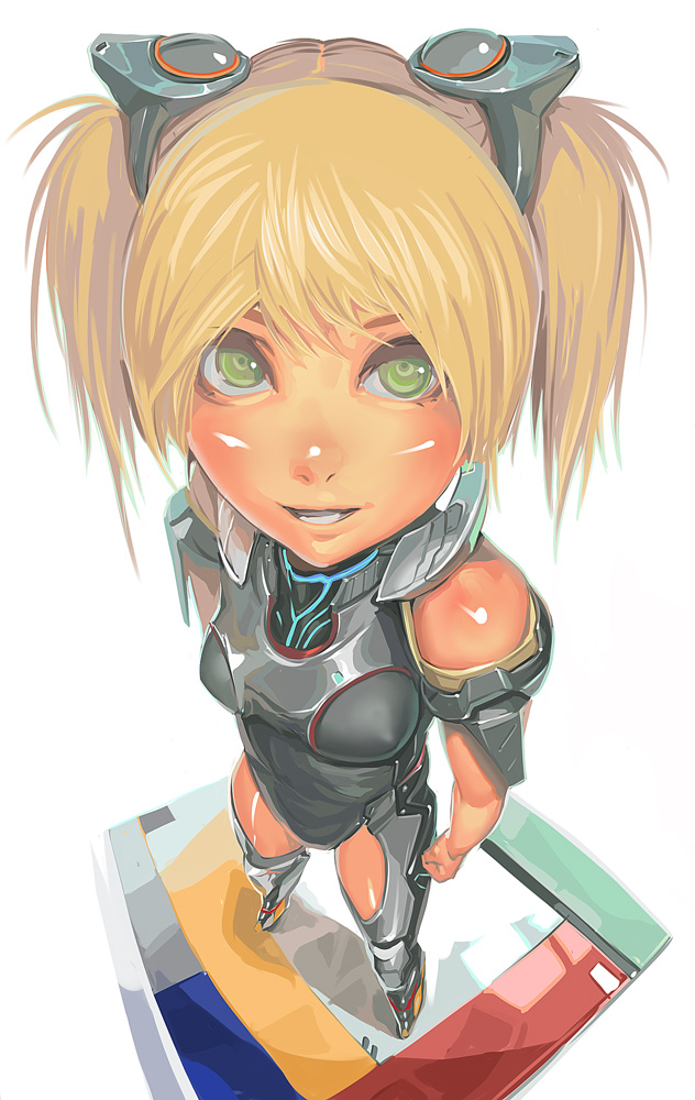 kichin yarou, 1girl, bare shoulders, female focus, from above, green eyes, solo, twintails