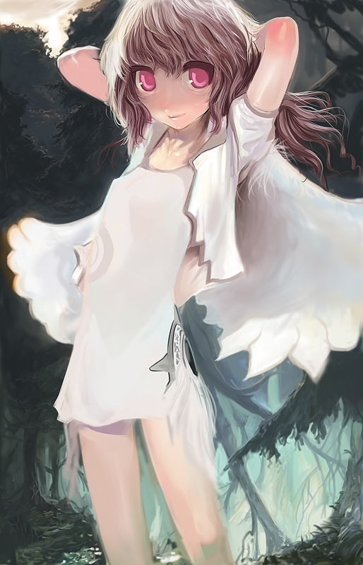 kichin yarou, tagme, angel wings, forest, nature, pink eyes, solo, wings