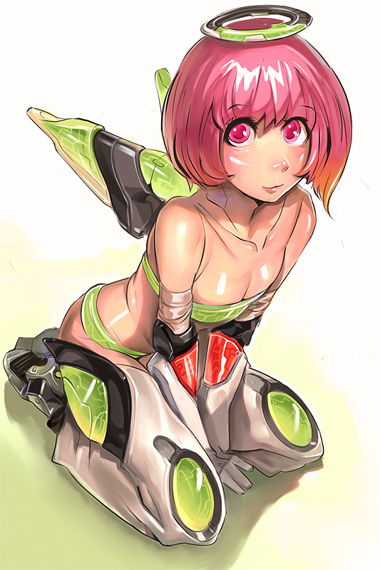 kichin yarou, original, 1girl, bikini, boots, female focus, gloves, halo, kneeling, lips, mecha, mechanical halo, mechanical wings, pink eyes, pink hair, robot, science fiction, short hair, solo, swimsuit, wings