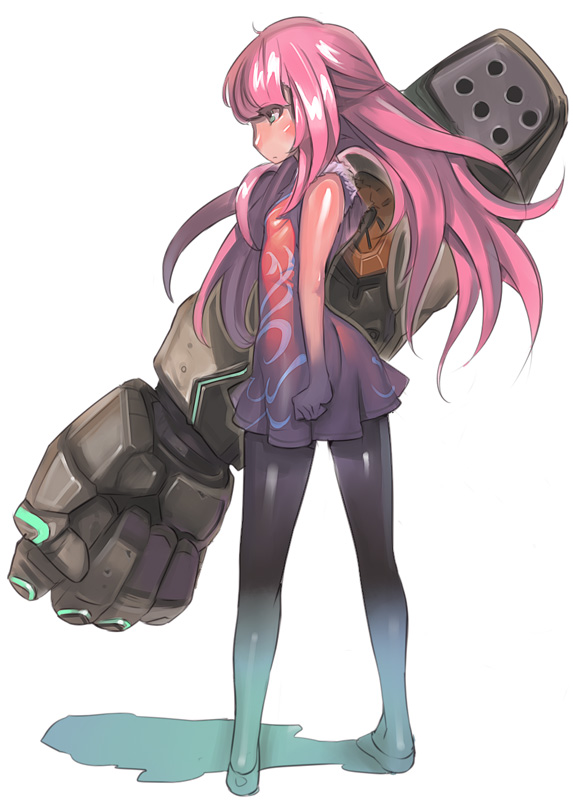 kichin yarou, original, 1girl, dress, female focus, green eyes, legs, long hair, mechanical arms, pantyhose, pink hair, single mechanical arm, solo