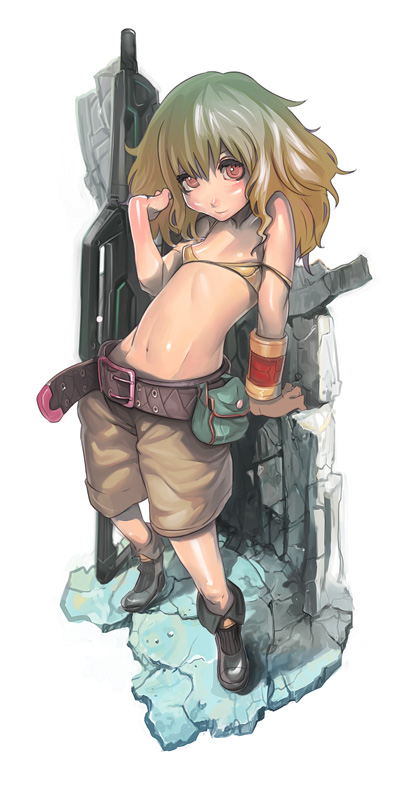 kichin yarou, 1girl, belt, bracelet, female focus, flat chest, gun, jewelry, loli, midriff, red eyes, rifle, shorts, solo, sports bra, weapon