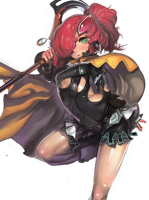 kichin yarou, cape, earrings, flat chest, green eyes, jewelry, ponytail, solo, wizard