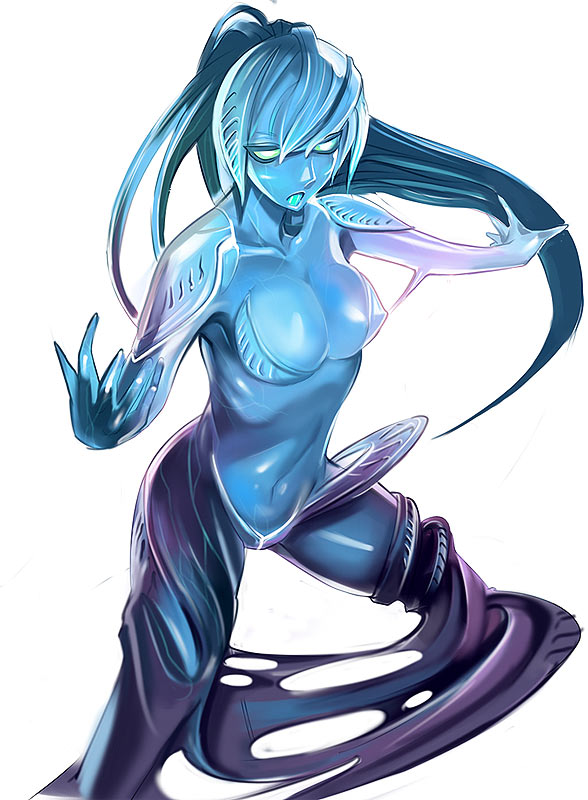 kichin yarou, dark samus, samus aran, metroid, metroid prime 3: corruption, nintendo, 1girl, bad end, blue hair, blue skin, breasts, cleavage, colored skin, corruption, dark persona, female focus, large breasts, long hair, midriff, monster girl, open mouth, ponytail, simple background, slime girl, solo