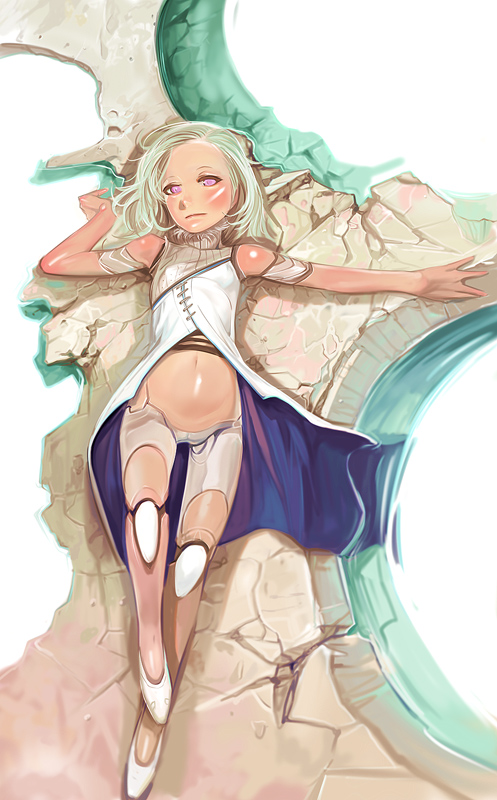kichin yarou, original, bare shoulders, cyborg, legs, lips, midriff, purple eyes
