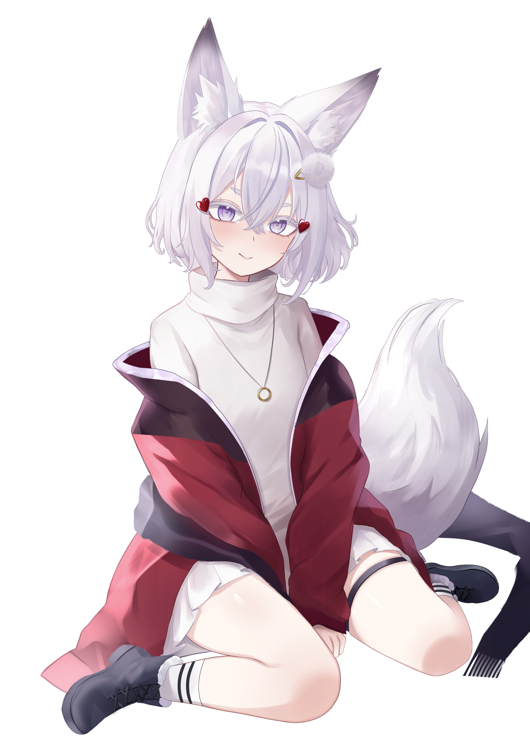 noelther (artist), tenma maemi, phase connect, absurdres, highres, 1girl, animal ears, ankle boots, between legs, blush, boots, fox ears, fox girl, fox tail, grey eyes, hair between eyes, hair ornament, hand between legs, heart, heart hair ornament, jacket, jewelry, looking at viewer, necklace, open clothes, open jacket, pleated skirt, ring, ring necklace, short hair, simple background, sitting, skirt, smile, sweater, tail, thigh strap, wariza, white background, white hair, white skirt