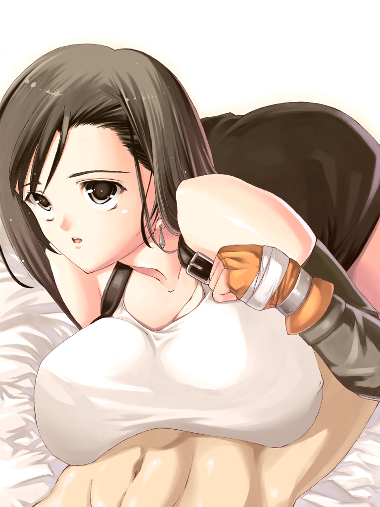 ionosphere, tifa lockhart, final fantasy, final fantasy vii, 1990s (style), 1girl, black eyes, black hair, breast press, breasts, earrings, elbow gloves, female focus, gloves, huge breasts, jewelry, large breasts, long hair, miniskirt, pencil skirt, retro artstyle, skirt, solo, solo focus, suspenders