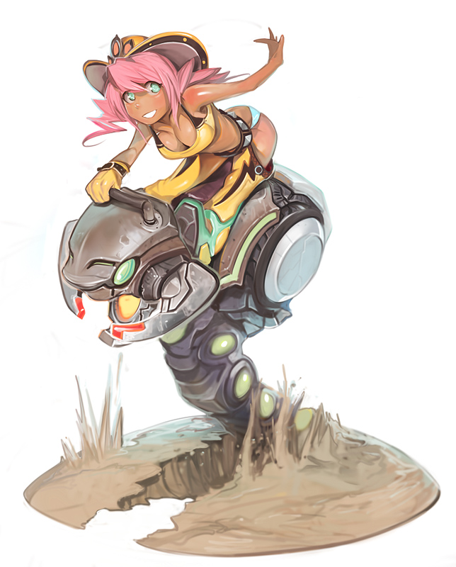 kichin yarou, original, 1girl, aqua eyes, blush, breasts, chaps, female focus, hat, large breasts, looking at viewer, midriff, pink hair, riding, riding machine, rodeo, simple background, solo, white background