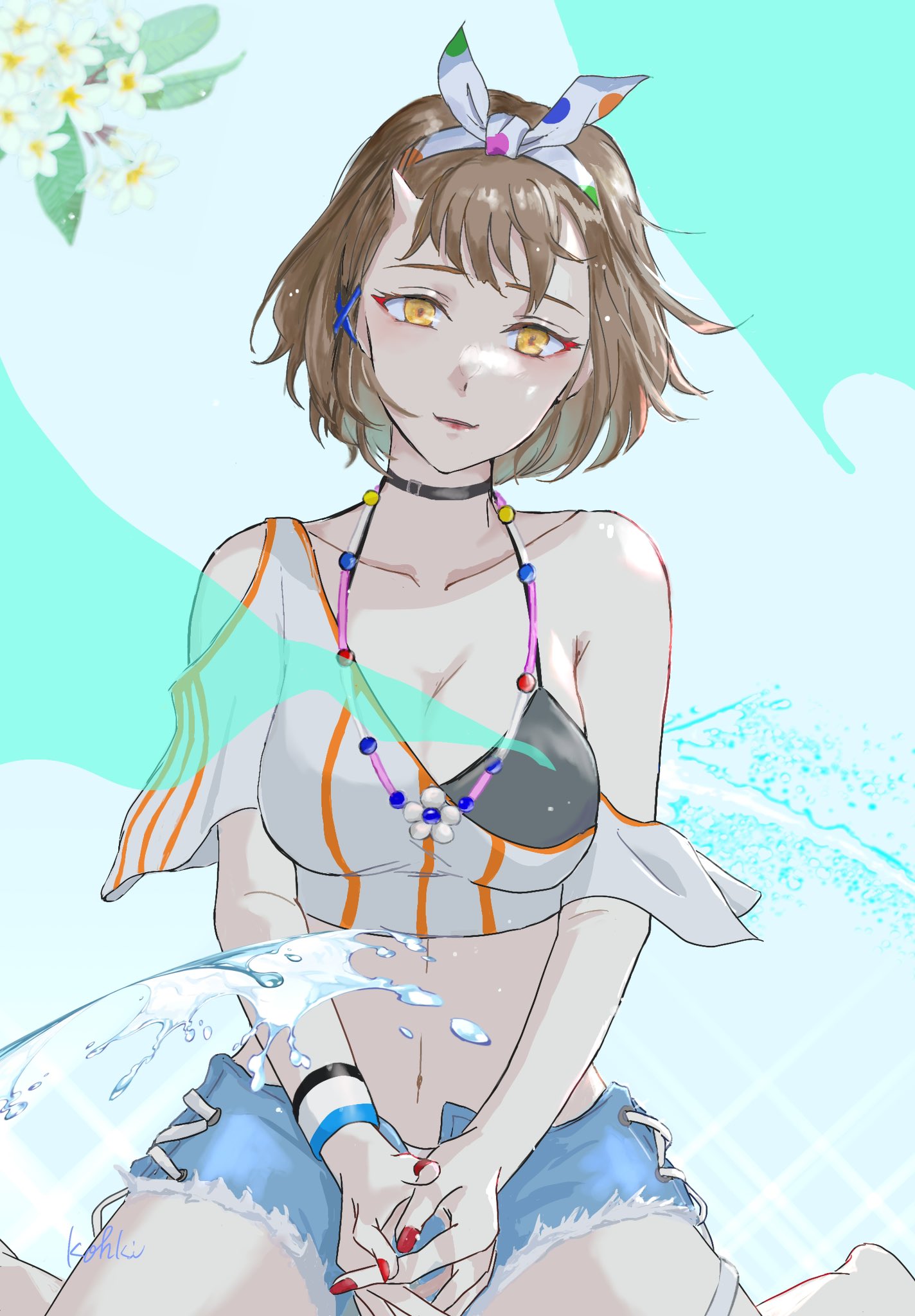 androssi zahard, tower of god, tower of god: great journey, highres, 1girl, alternate costume, artist name, bell epoque, bikini, bikini top only, black bikini, black choker, breasts, brown hair, choker, cleavage, closed mouth, collarbone, colored eyelashes, crop top, denim, flower, hairband, horns, jeans, jewelry, lips, looking at viewer, medium breasts, nail polish, necklace, pants, shirt, short hair, shorts, signature, simple background, single horn, smile, solo, swimsuit, thighs, water, white flower, white shirt, yellow eyes