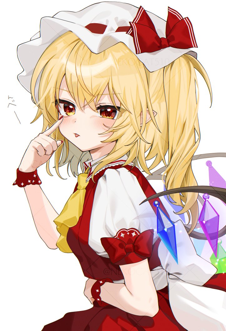 gotoh (nekocat), flandre scarlet, touhou, commentary request, 1girl, akanbe, ascot, back bow, blonde hair, bow, crystal wings, eyelid pull, finger to eye, from side, hat, index finger raised, looking at viewer, mob cap, orange eyes, pointy ears, puffy short sleeves, puffy sleeves, short sleeves, simple background, solo, tongue, tongue out, white background, white hat, wings, yellow ascot