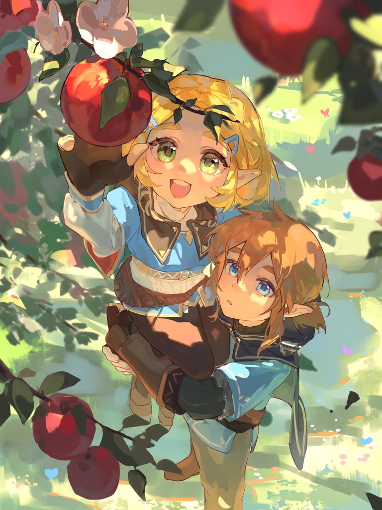 yumiyumo3o, link, princess zelda, nintendo, the legend of zelda, the legend of zelda: tears of the kingdom, commentary, symbol-only commentary, 1boy, 1girl, apple, arm up, blonde hair, blue eyes, blue tunic, brown pants, carrying, carrying person, champion's tunic (zelda), dappled sunlight, flower, food, from above, fruit, green eyes, layered sleeves, long sleeves, open mouth, pants, parted lips, picking fruit, pink flower, pointy ears, reaching, short hair, short over long sleeves, short sleeves, smile, sunlight, teeth, tunic, upper teeth only