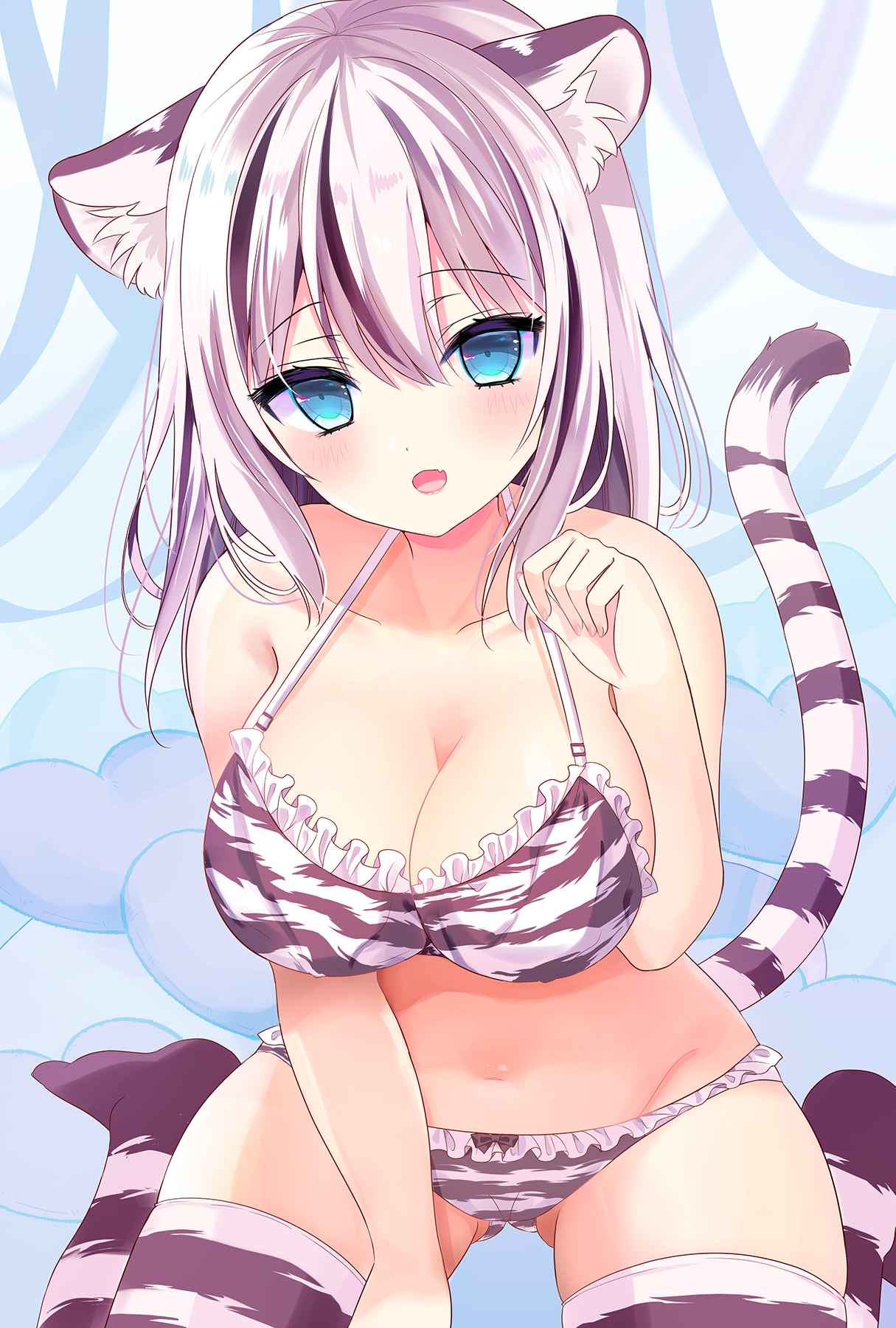 shiwasu horio, original, commentary request, highres, 1girl, :d, animal ears, animal print, black hair, blue eyes, blush, bra, breasts, cleavage, collarbone, fang, frilled bra, frilled panties, frills, grey hair, hair between eyes, hand up, heart, long hair, looking at viewer, medium breasts, multicolored hair, navel, no shoes, open mouth, panties, print bra, print panties, print thighhighs, sitting, smile, solo, streaked hair, tail, thighhighs, tiger ears, tiger girl, tiger print, tiger tail, underwear, underwear only, wariza