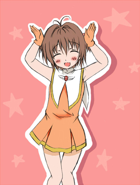 kinomoto sakura, cardcaptor sakura, 1990s (style), 1girl, caramelldansen, cheerleader, child, female focus, orange skirt, retro artstyle, skirt, solo