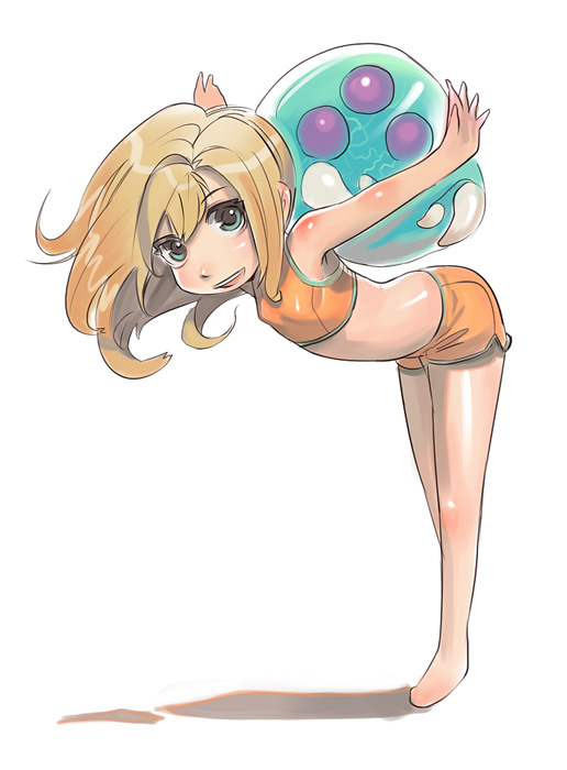 kichin yarou, metroid (creature), metroid larva, samus aran, metroid, metroid: zero mission, nintendo, 1girl, :d, aged down, alien, aqua eyes, armpits, bare shoulders, barefoot, bent over, blonde hair, body blush, breasts, child, crop top, fangs, female focus, flat chest, from side, full body, happy, leaning forward, midriff, monster, open mouth, orange shirt, outstretched arms, purple eyes, shadow, shirt, short shorts, shorts, side slit, small breasts, smile, solo, spread arms, standing