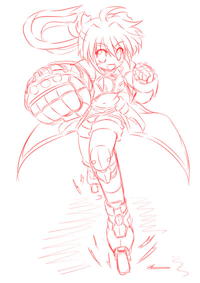 d.a, mach caliber, revolver knuckle, subaru nakajima, lyrical nanoha, mahou shoujo lyrical nanoha, mahou shoujo lyrical nanoha strikers, 00s, 1girl, :o, belt, breasts, buckle, cape, clenched hand, female focus, fighting stance, looking at viewer, monochrome, motion lines, open mouth, red theme, shorts, simple background, small breasts, solo, standing, white background