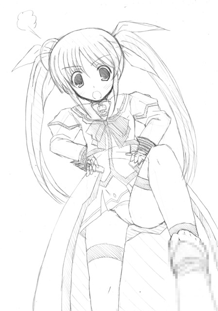takamachi nanoha, lyrical nanoha, mahou shoujo lyrical nanoha, 00s, 1girl, censored, feet, footjob, footjob with legwear, greyscale, monochrome, panties, penis, solo focus, thighhighs, underwear