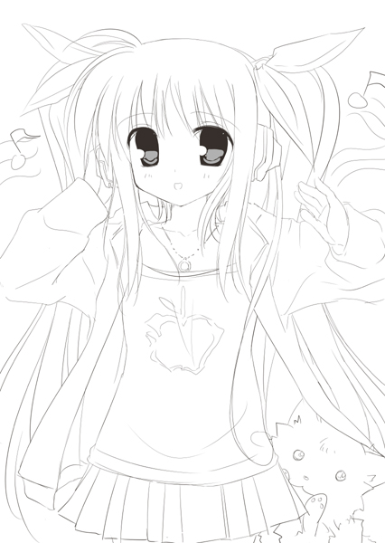 kanna ryouto, fate testarossa, lyrical nanoha, mahou shoujo lyrical nanoha, 00s, 1girl, blush, collarbone, collared shirt, cowboy shot, female focus, greyscale, hair ribbon, long sleeves, looking at viewer, monochrome, ribbon, shirt, simple background, solo, tareme, twintails, white background