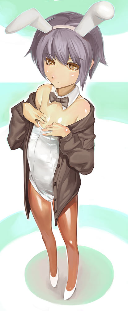 kichin yarou, nagato yuki, suzumiya haruhi no yuuutsu, 00s, animal ears, bare shoulders, bow, bowtie, fake animal ears, flat chest, leotard, pantyhose, playboy bunny, rabbit ears, solo