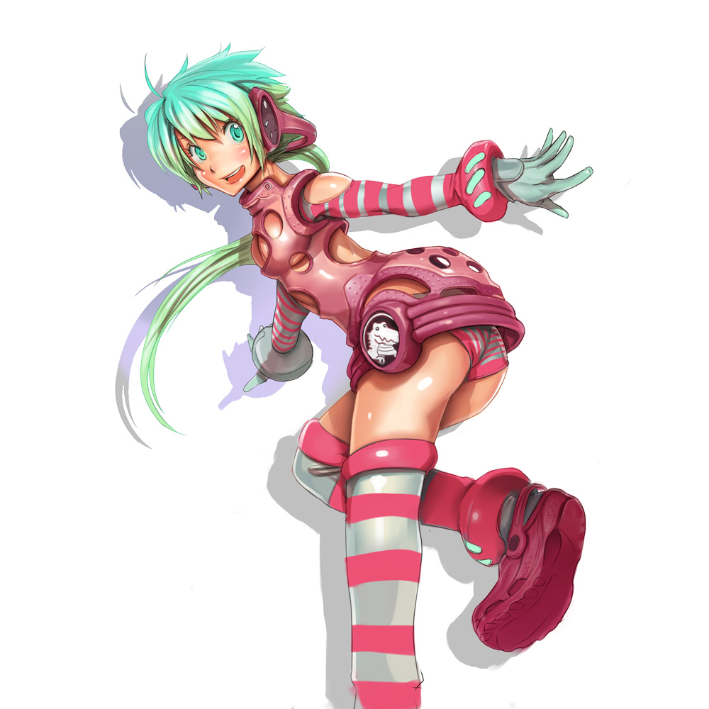 kichin yarou, 1girl, aqua eyes, aqua hair, ass, bare shoulders, bent over, breasts, cleavage, crocodile, crocodilian, dress, female focus, gloves, green hair, headphones, kneehighs, legs, panties, pantyshot, science fiction, short dress, socks, solo, standing, striped clothes, striped panties, striped socks, striped thighhighs, thighhighs, underwear