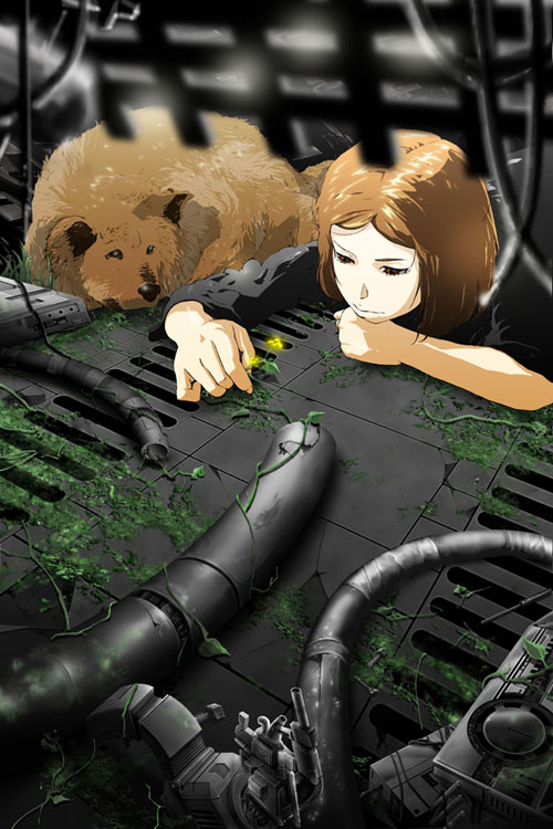 71 (nanaichi drafting), 1girl, brown hair, cable, dog, female focus, flower, head rest, machine, plant, red eyes, ruins, science fiction, short hair, solo, tube, vines