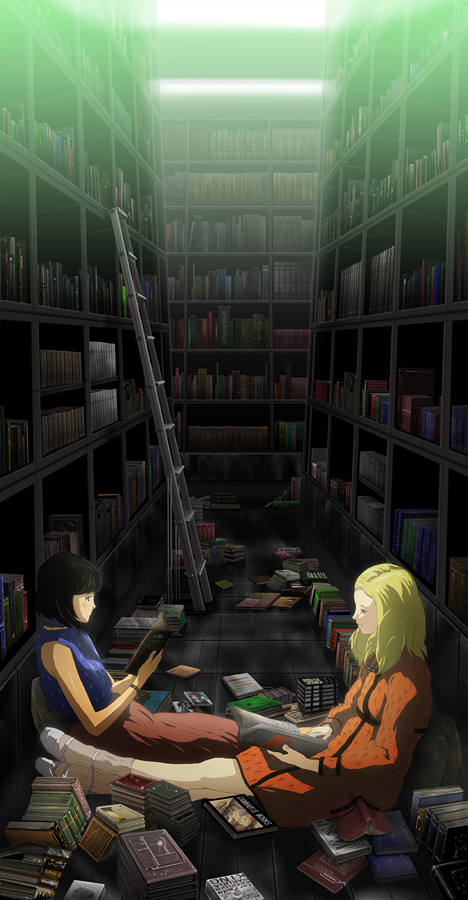 71 (nanaichi drafting), tagme, blonde hair, book, dark-skinned female, dark skin, ladder, library