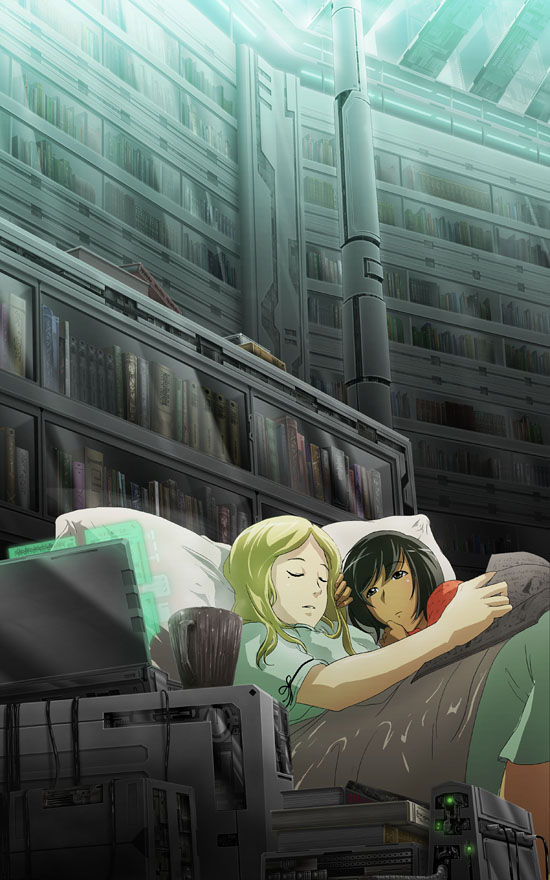 71 (nanaichi drafting), original, 2girls, black hair, blonde hair, book, closed eyes, computer, couple, cup, dark-skinned female, dark skin, library, mole, mole under eye, mug, multiple girls, pillow, science fiction, sleeping, tan
