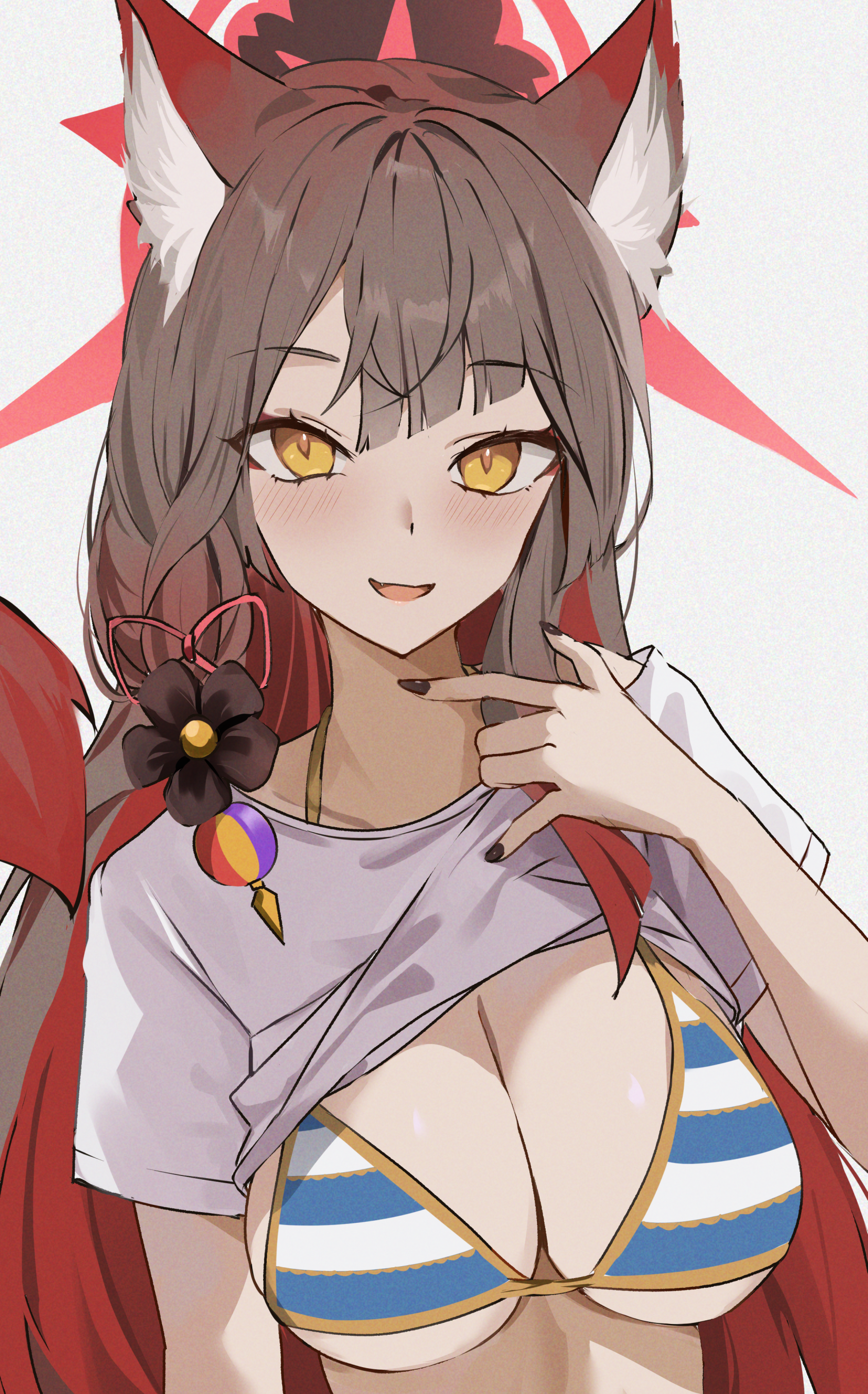 udonpan, izuna (blue archive), izuna (swimsuit) (blue archive), wakamo (blue archive), blue archive, absurdres, highres, 1girl, animal ear fluff, animal ears, bikini, black flower, black hair, black nails, blue bikini, blush, clothes lift, colored inner hair, cosplay, flower, fox ears, fox girl, hair flower, hair ornament, halo, izuna (blue archive) (cosplay), looking at viewer, multicolored hair, open mouth, red hair, red halo, shirt, shirt lift, short sleeves, solo, striped bikini, striped clothes, swimsuit, t-shirt, two-tone hair, white shirt, yellow eyes