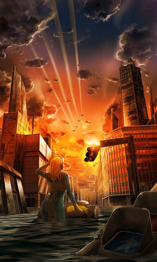 71 (nanaichi drafting), 1girl, aircraft, airplane, back, blonde hair, blue bodysuit, bodysuit, building, city, cloud, contrail, dusk, female focus, flood, ruins, scenery, science fiction, sky, solo, sunset, swimsuit, wading, water
