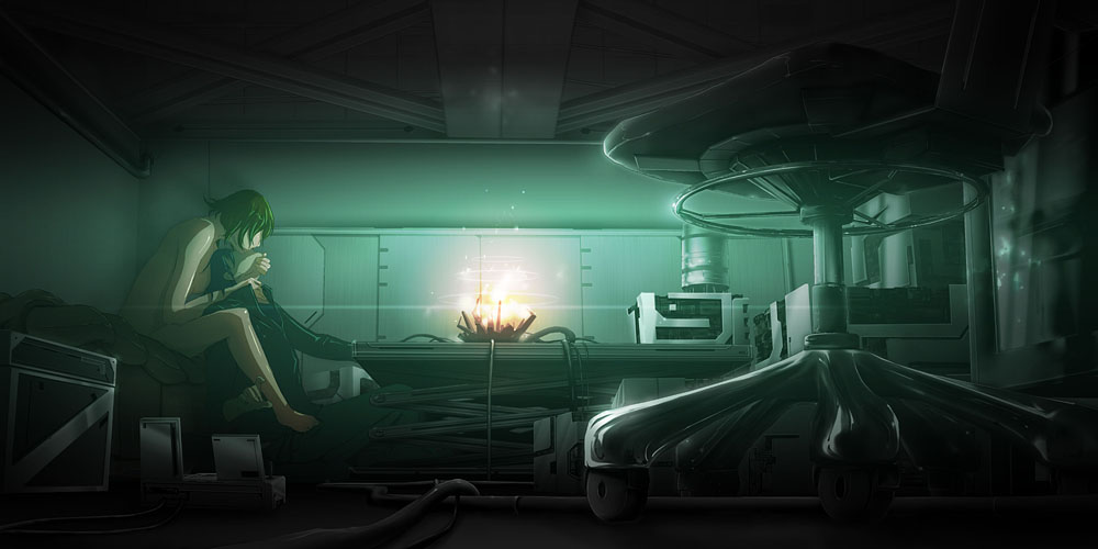71 (nanaichi drafting), light, 1boy, 1girl, bed, black hair, cable, clothed male nude female, couple, green hair, hetero, kiss, machine, nude, science fiction