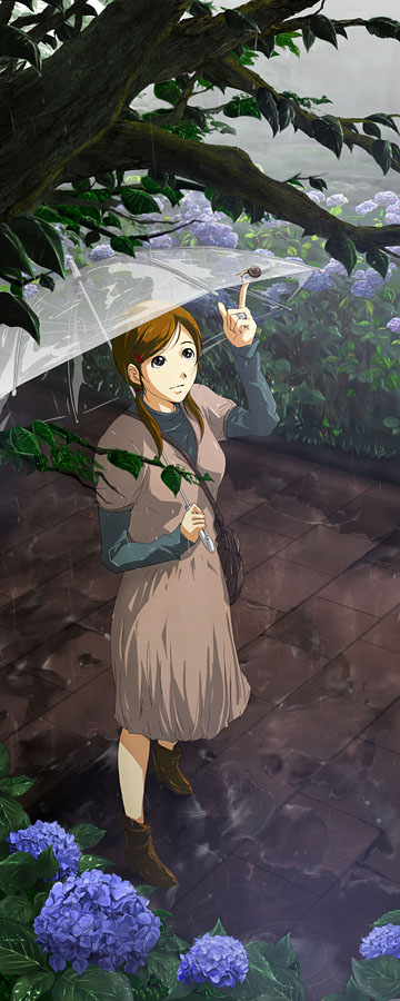 71 (nanaichi drafting), original, long image, tall image, 1girl, ankle boots, black eyes, boots, brown hair, dress, female focus, flower, from above, hair ornament, hairpin, hydrangea, jewelry, looking up, rain, ring, snail, solo, transparent, transparent umbrella, tree, twintails, umbrella