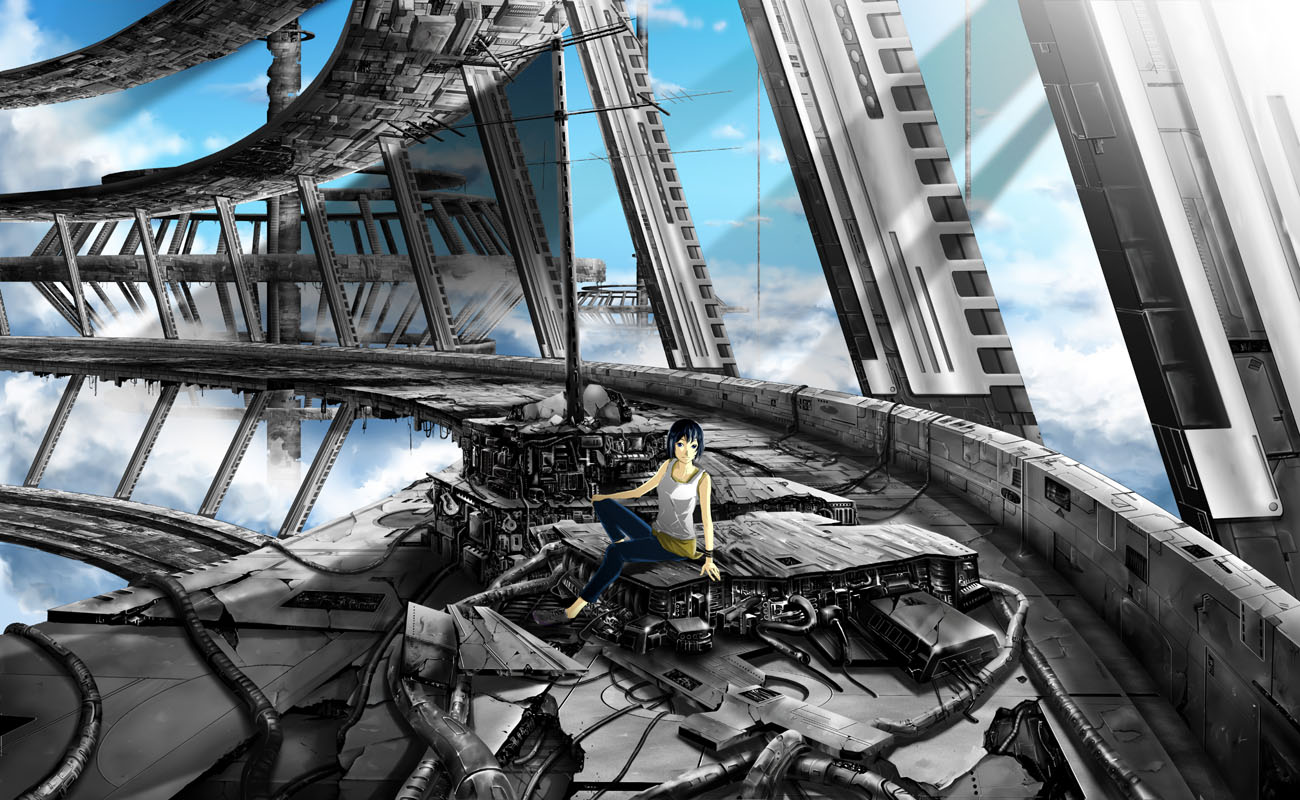 71 (nanaichi drafting), black hair, bracelet, cloud, day, jewelry, machine, ruins, scenery, science fiction, short hair, sitting, sky, solo, tank top