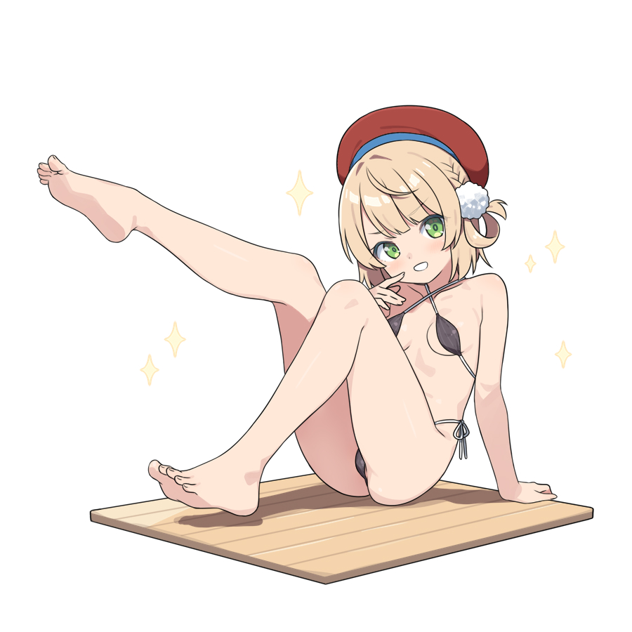 hatsunatsu, shigure ui (vtuber), indie virtual youtuber, commentary request, 1girl, bare shoulders, barefoot, beret, bikini, black bikini, blonde hair, breasts, collarbone, green eyes, hat, long hair, looking at viewer, midriff peek, open mouth, side-tie bikini bottom, sideboob, sitting, small breasts, solo, swimsuit, teeth, toeless legwear, underboob